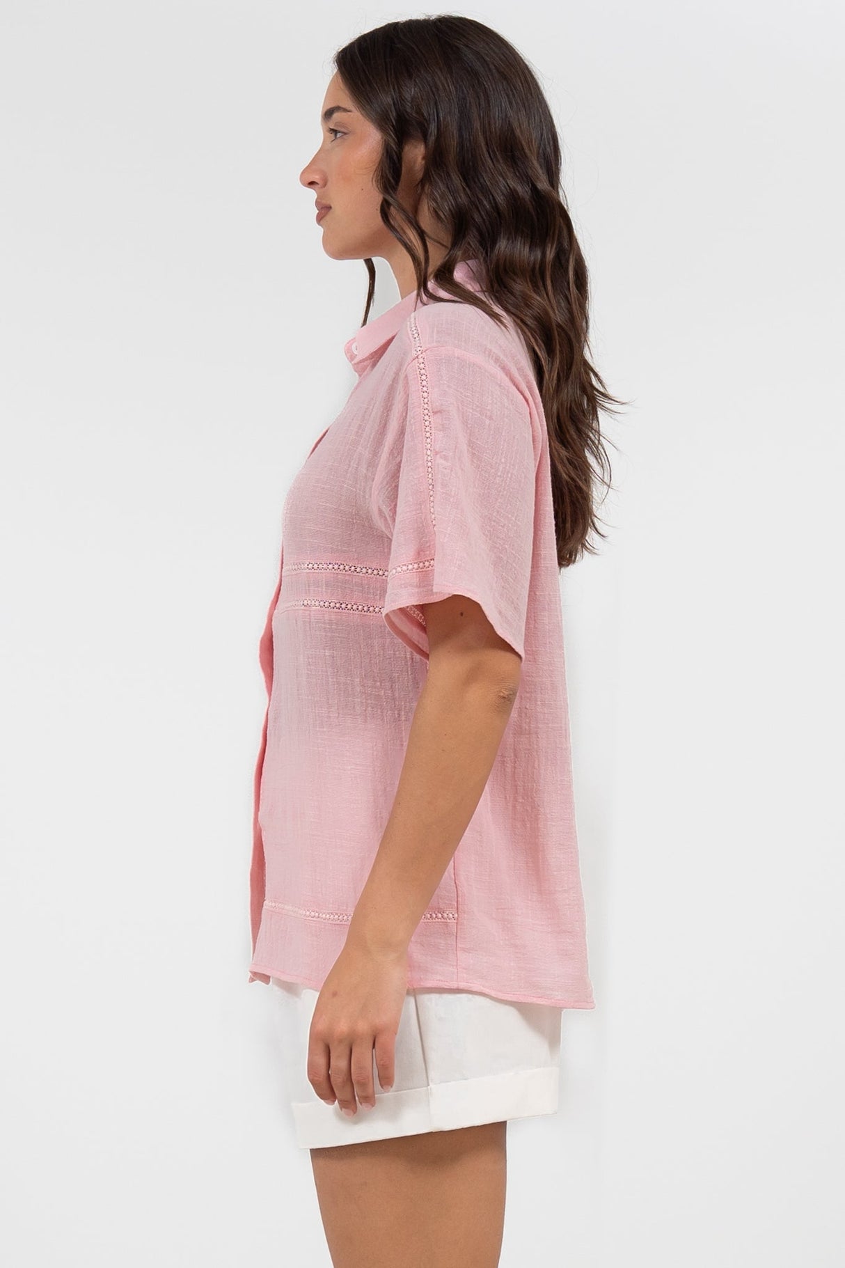 Xara Shirt - Collared Button Down with Lace Detailing in Pink