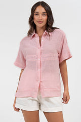Xara Shirt - Collared Button Down with Lace Detailing in Pink