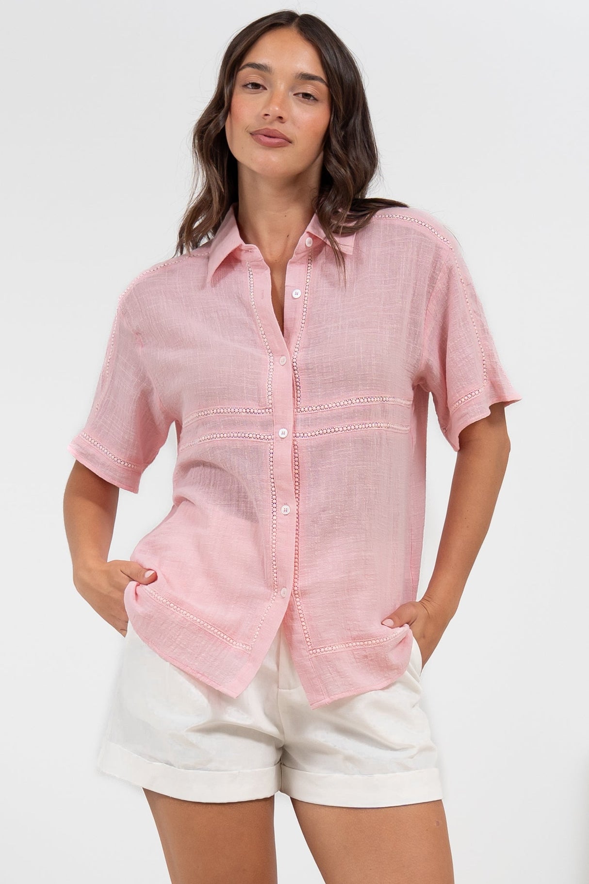 Xara Shirt - Collared Button Down with Lace Detailing in Pink