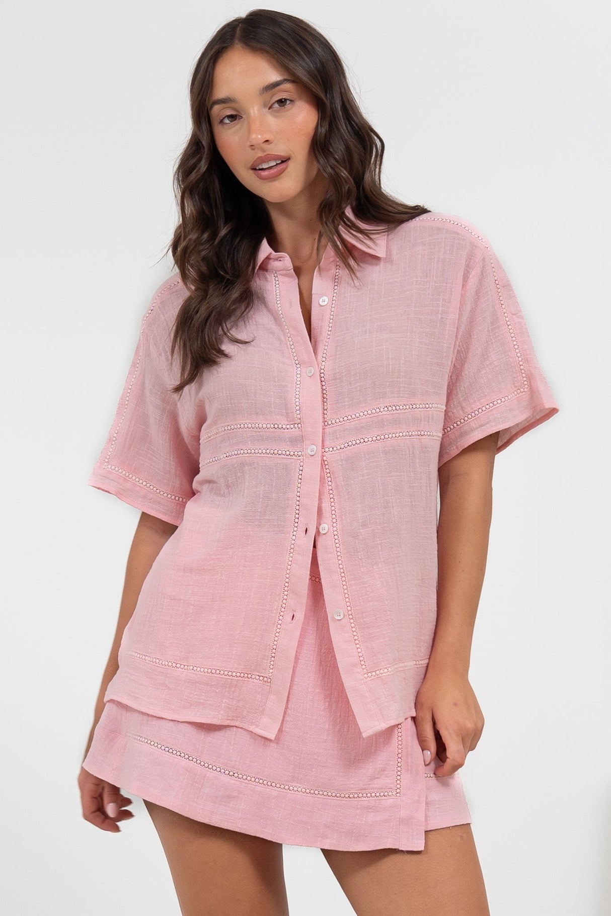 Xara Shirt - Collared Button Down with Lace Detailing in Pink