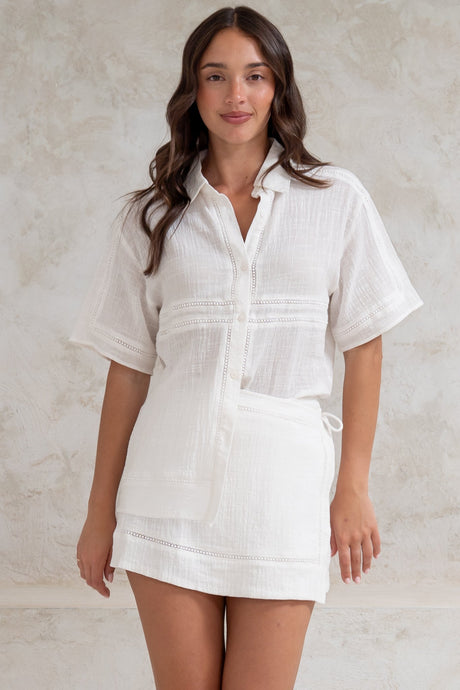 Xara Shirt - Collared Button Down with Lace Detailing in White
