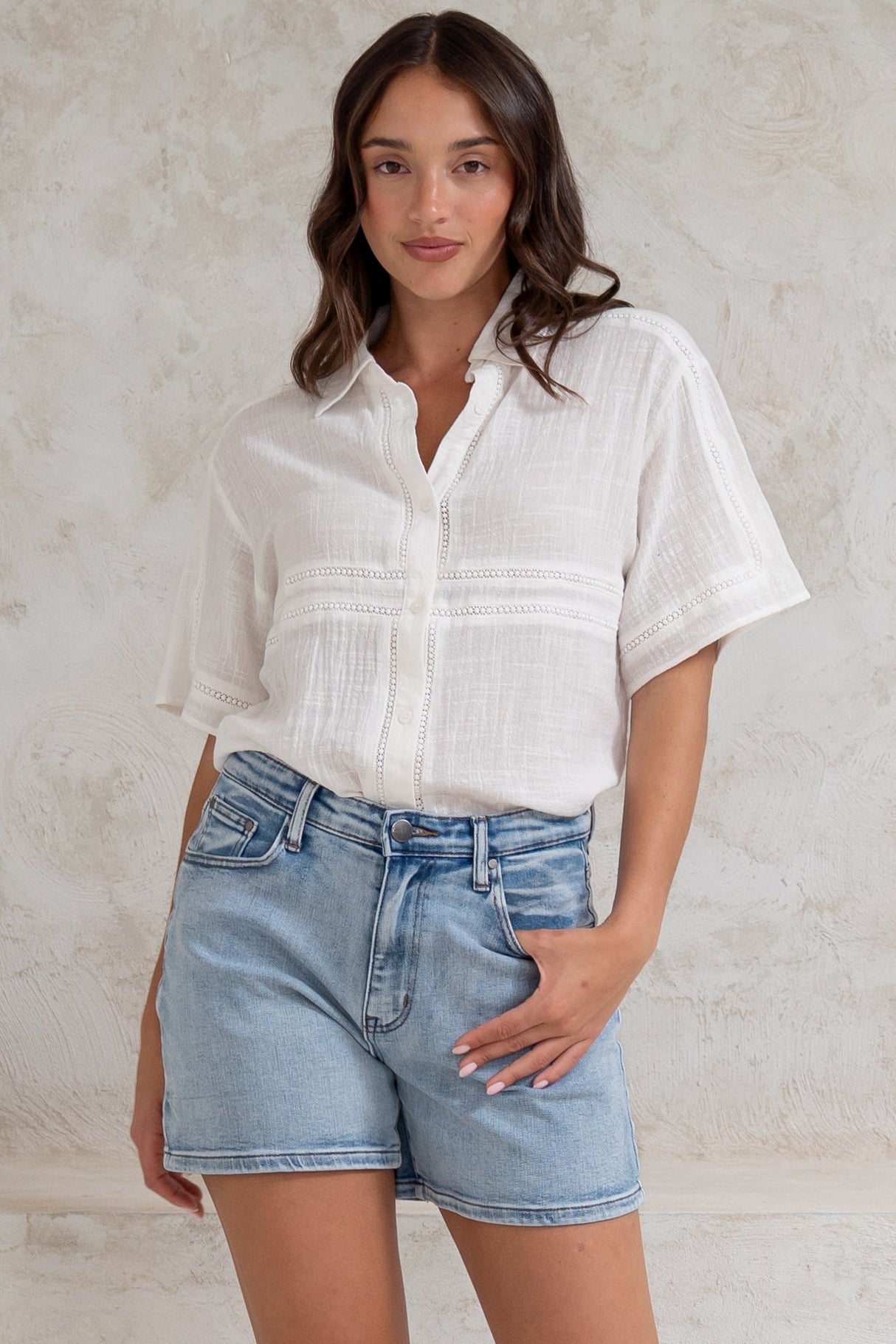 Xara Shirt - Collared Button Down with Lace Detailing in White