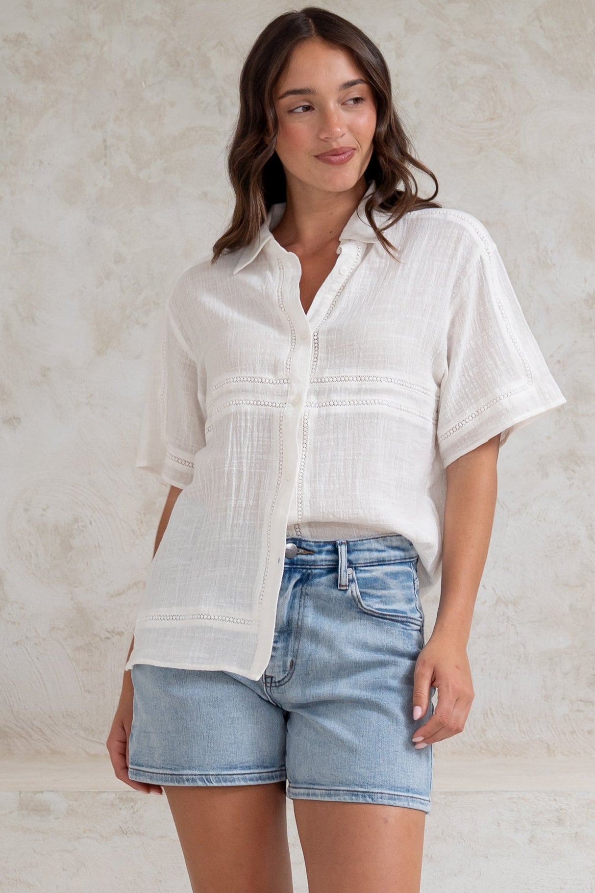 Xara Shirt - Collared Button Down with Lace Detailing in White