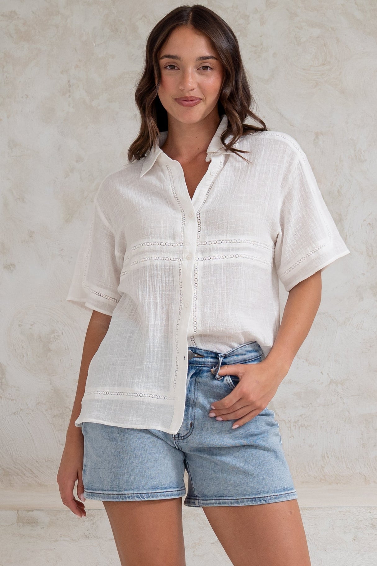 Xara Shirt - Collared Button Down with Lace Detailing in White