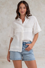 Xara Shirt - Collared Button Down with Lace Detailing in White