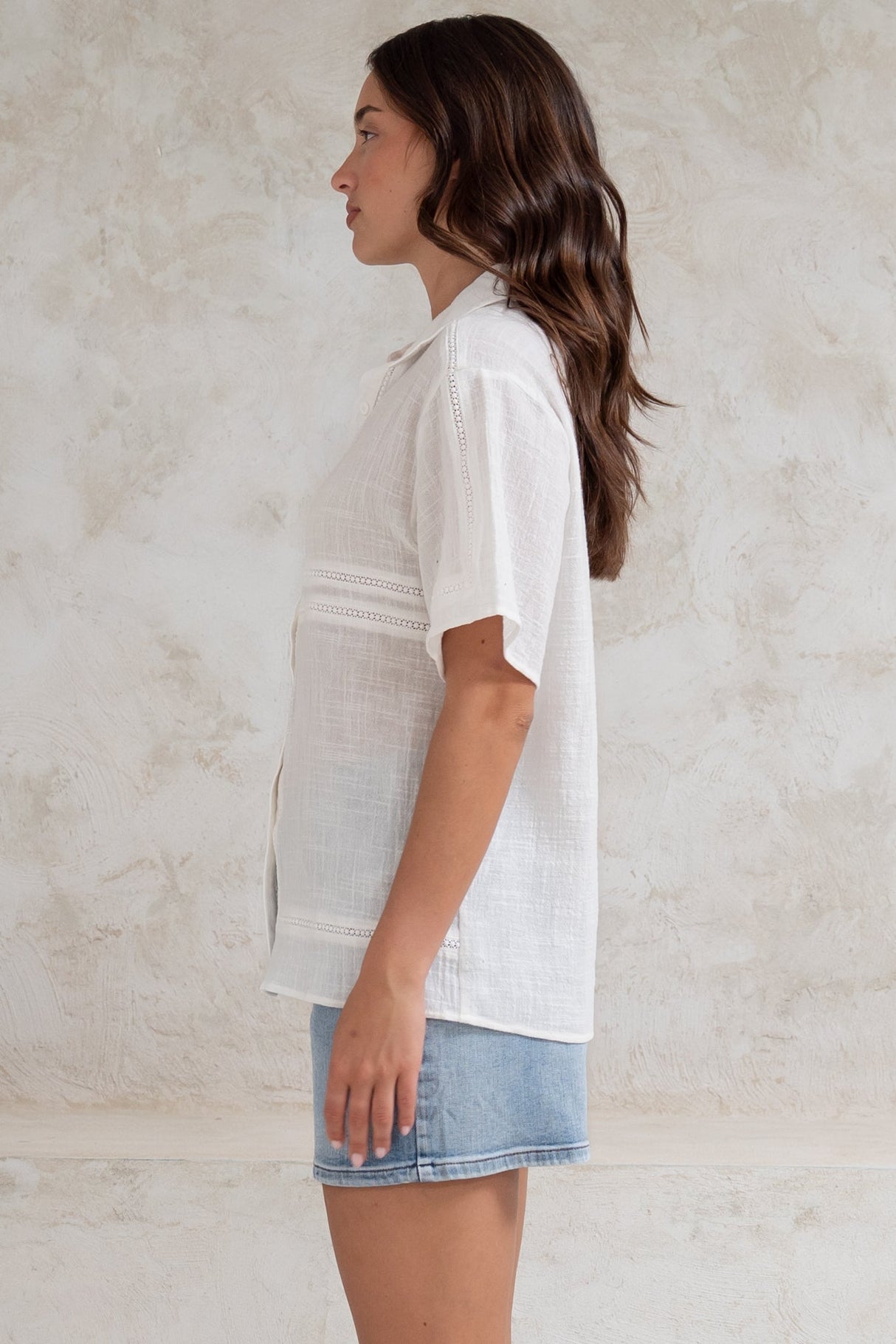Xara Shirt - Collared Button Down with Lace Detailing in White