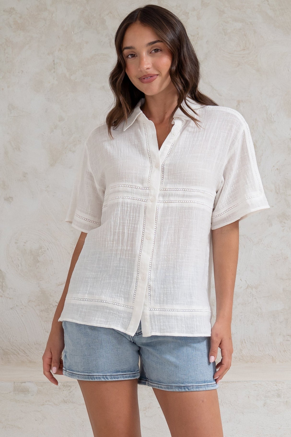 Xara Shirt - Collared Button Down with Lace Detailing in White