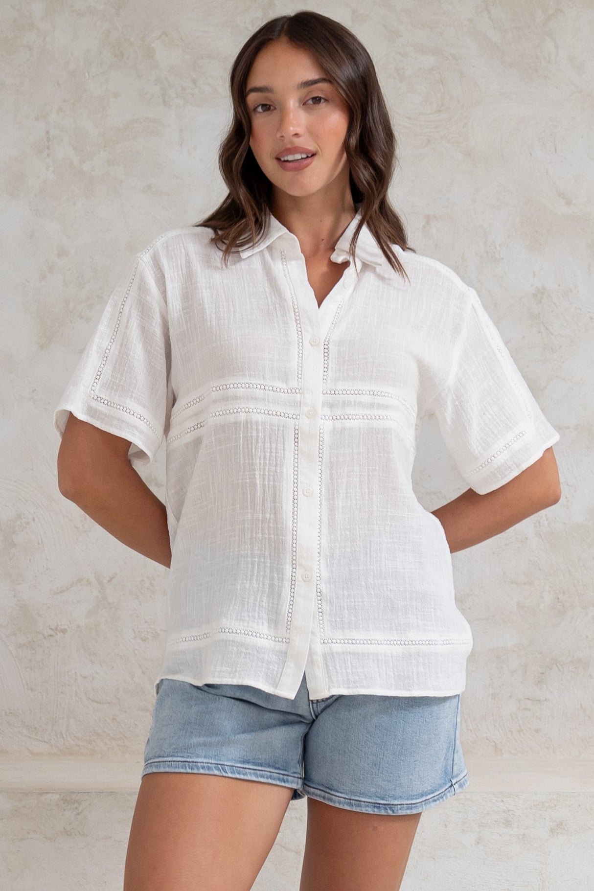 Xara Shirt - Collared Button Down with Lace Detailing in White