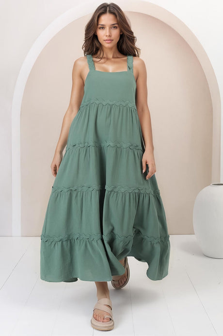 Bailie Maxi Dress - Rick Rack Detailed Sun Dress with Pockets in Green