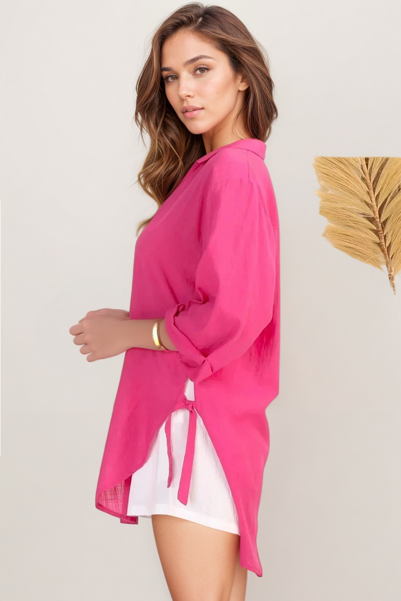 Beachly Shirt - Folded Collar Button Down Relaxed Shirt In Hot Pink