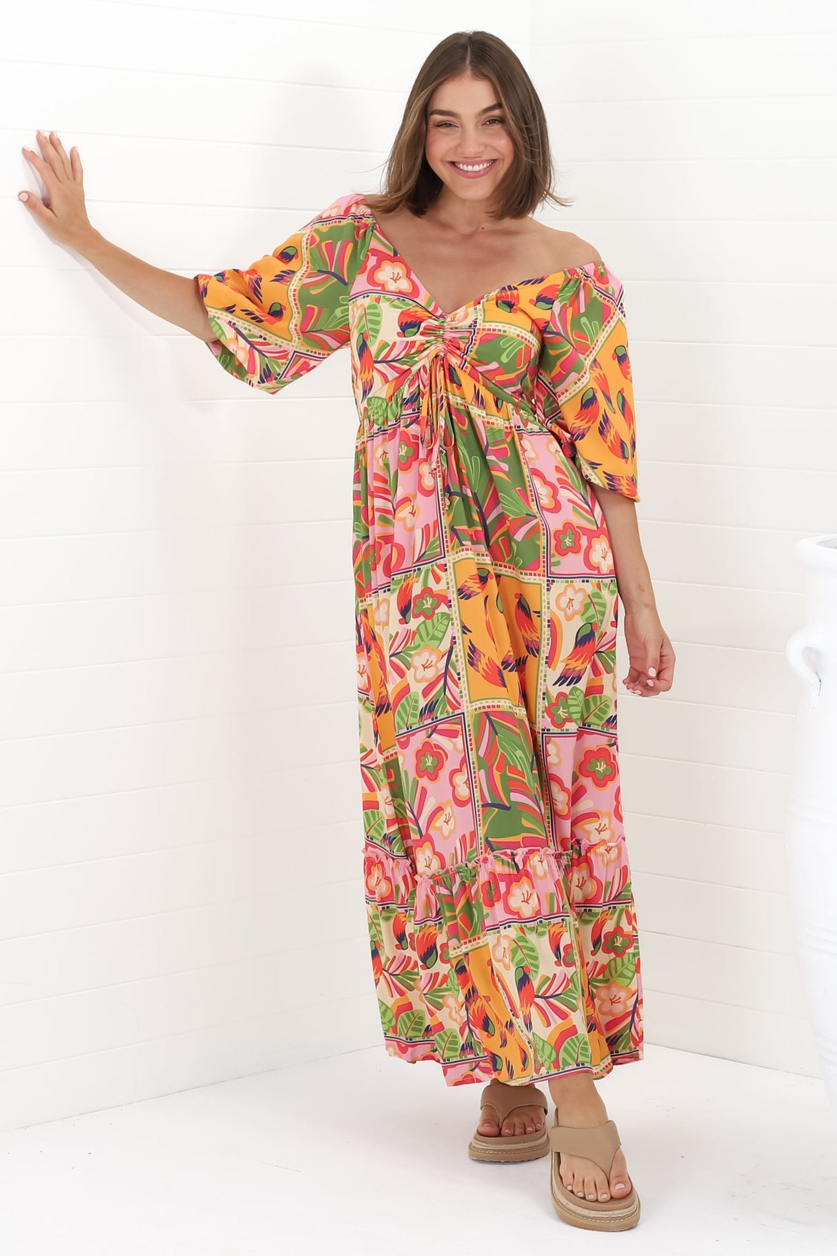 Yanna Maxi Dress - On or Off Shoulder A Line Dress with Elasticated Back in Labelle Print Peach