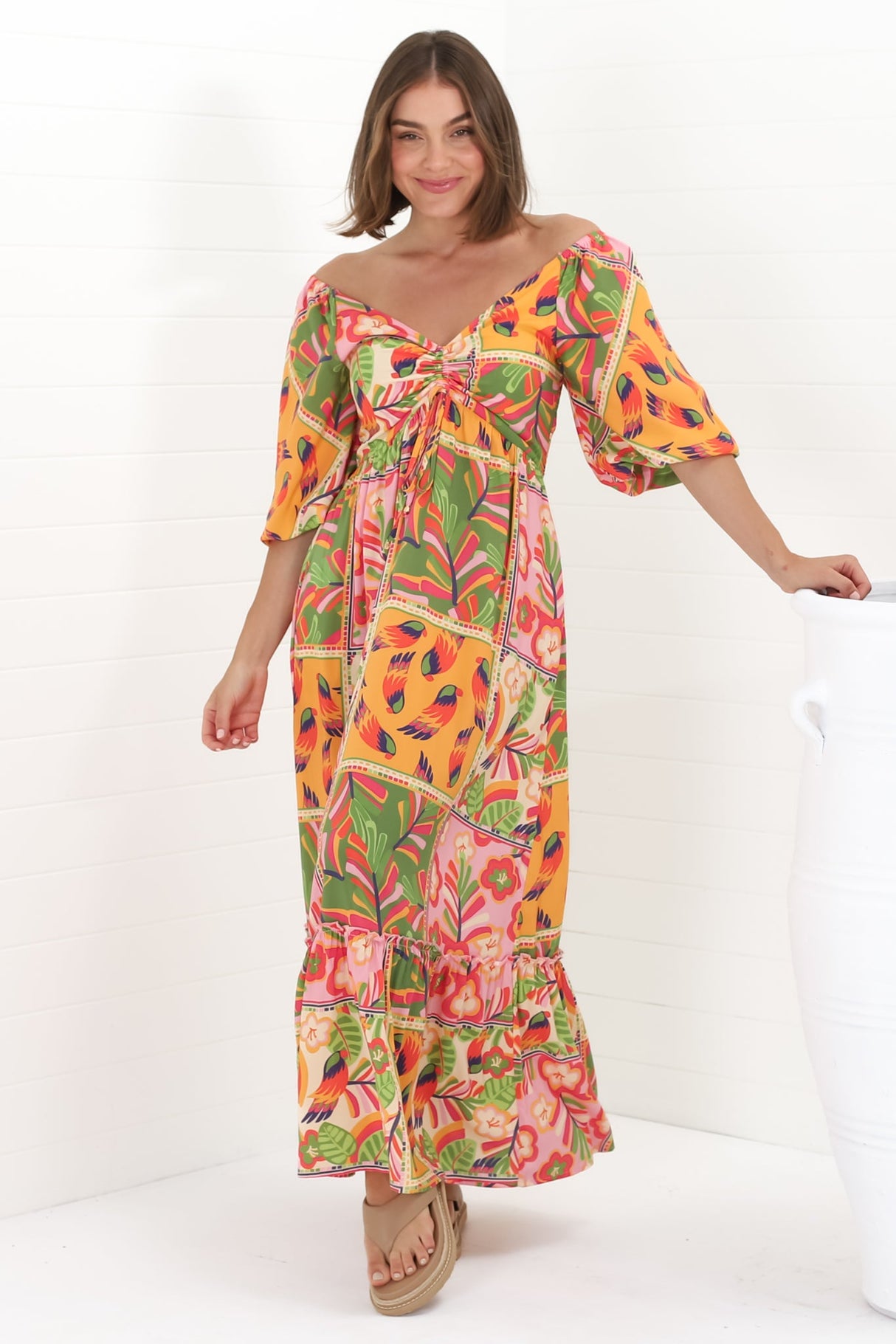 Yanna Maxi Dress - On or Off Shoulder A Line Dress with Elasticated Back in Labelle Print Peach