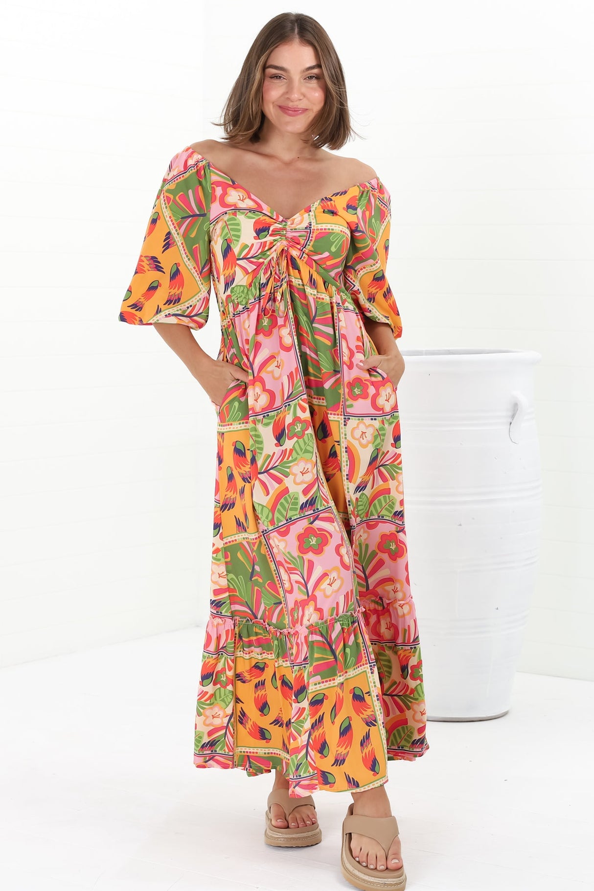 Yanna Maxi Dress - On or Off Shoulder A Line Dress with Elasticated Back in Labelle Print Peach