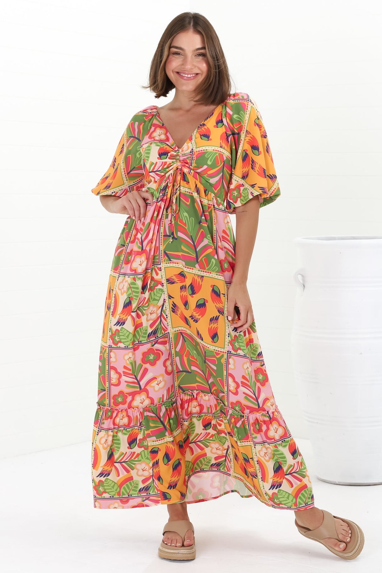 Yanna Maxi Dress - On or Off Shoulder A Line Dress with Elasticated Back in Labelle Print Peach