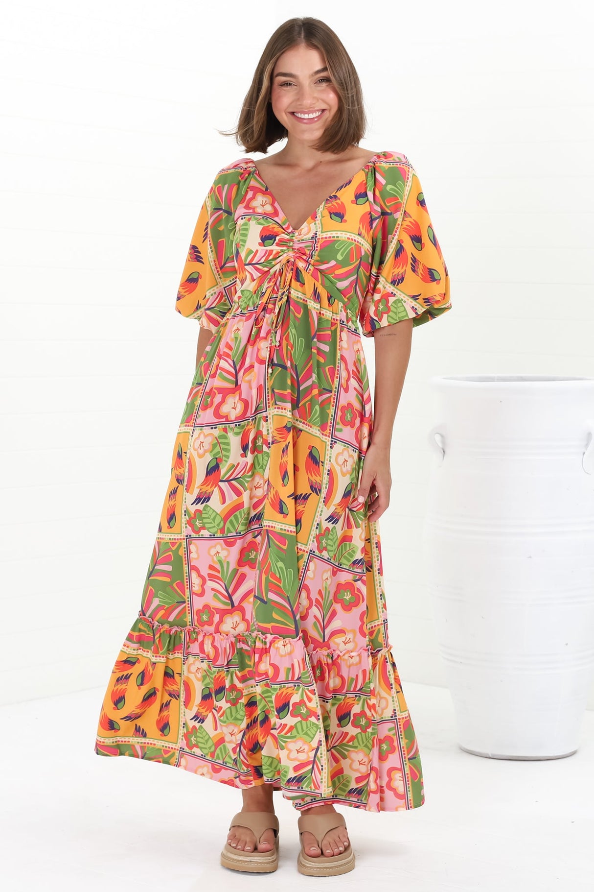 Yanna Maxi Dress - On or Off Shoulder A Line Dress with Elasticated Back in Labelle Print Peach