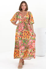 Yanna Maxi Dress - On or Off Shoulder A Line Dress with Elasticated Back in Labelle Print Peach