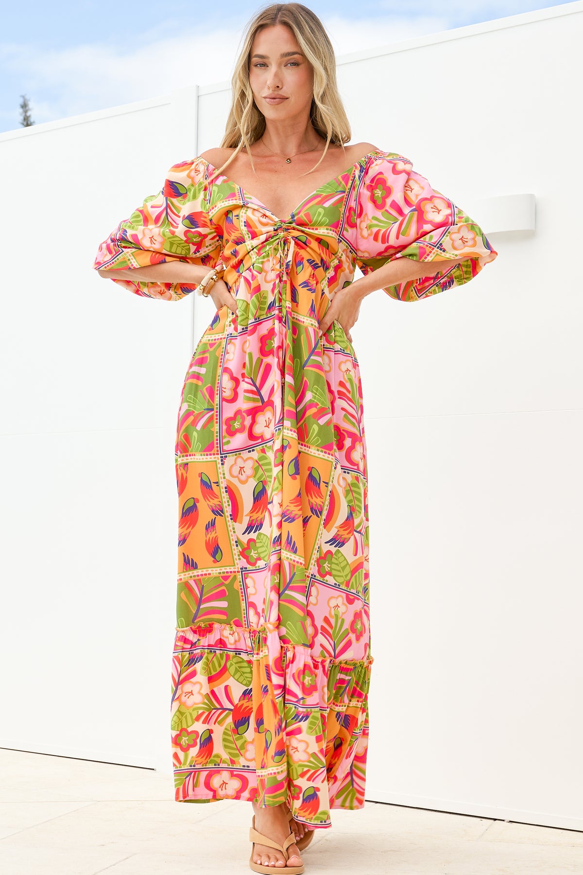 Yanna Maxi Dress - On or Off Shoulder A Line Dress with Elasticated Back in Labelle Print