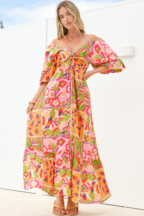 Yanna Maxi Dress - On or Off Shoulder A Line Dress with Elasticated Back in Labelle Print