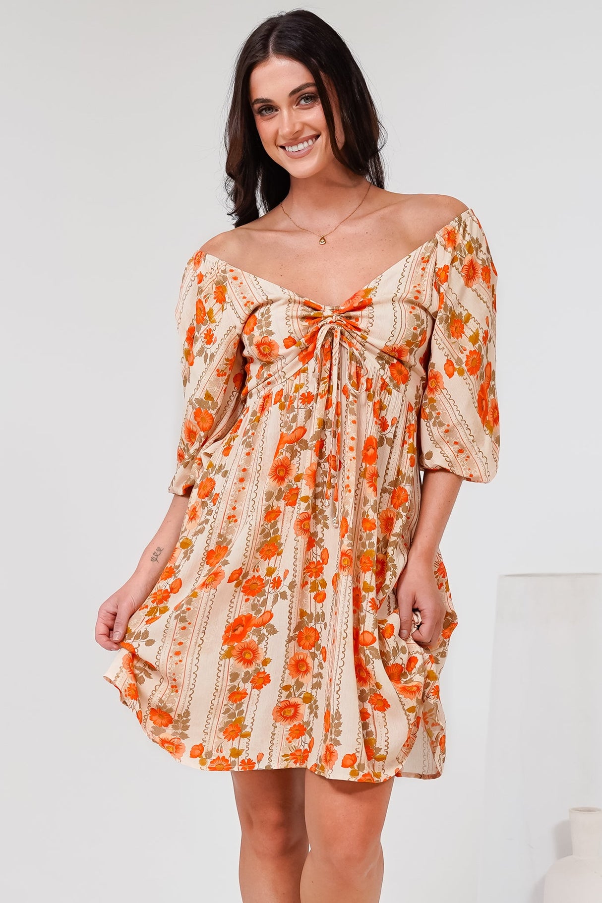 Yanna Mini Dress - On or Off Shoulder A Line Dress with Elasticated Back in Vondrosa Print