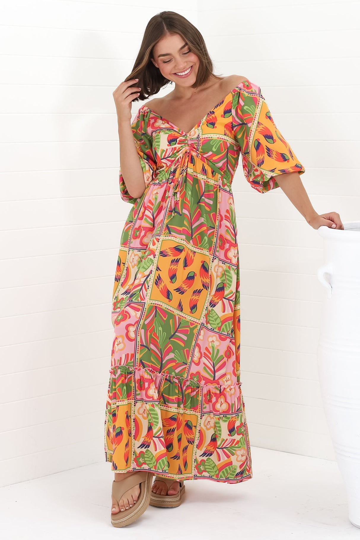 Yanna Maxi Dress - On or Off Shoulder A Line Dress with Elasticated Back in Labelle Print