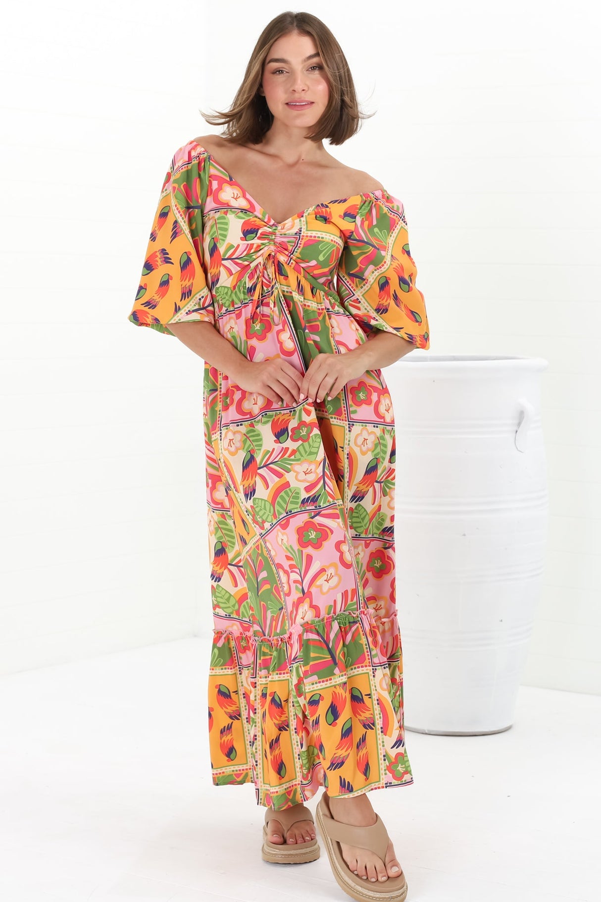 Yanna Maxi Dress - On or Off Shoulder A Line Dress with Elasticated Back in Labelle Print