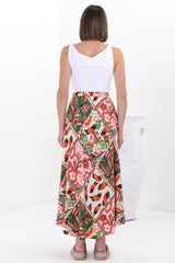 Yara Maxi Skirt - High Waisted Scoop Hemline Skirt with Pockets in Labelle Print