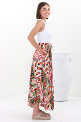 Yara Maxi Skirt - High Waisted Scoop Hemline Skirt with Pockets in Labelle Print