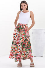 Yara Maxi Skirt - High Waisted Scoop Hemline Skirt with Pockets in Labelle Print