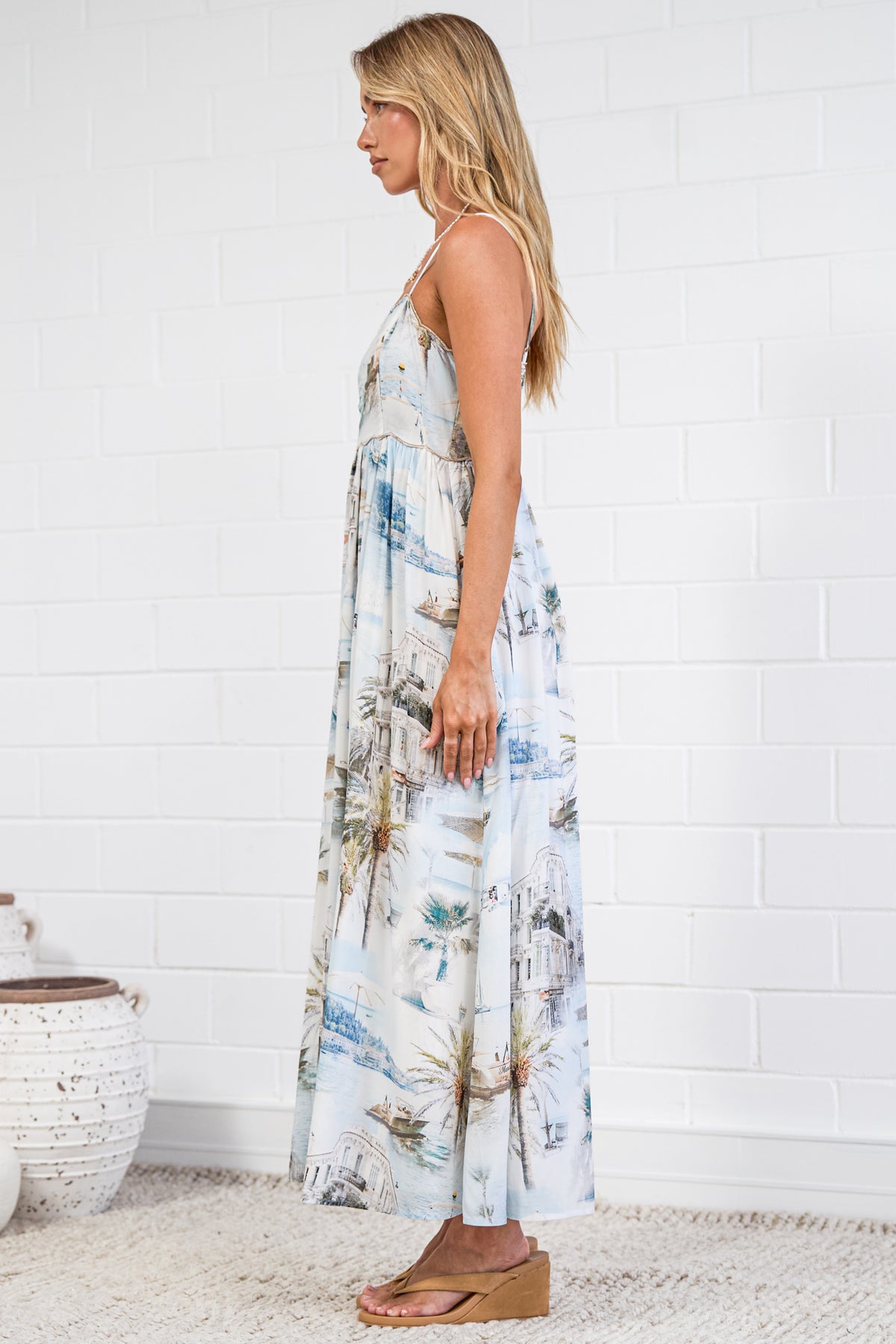 Yara Maxi Dress - Spaghetti Strap A Line Dress with Tinsel-look Piping Trim Bodice in Thira Print