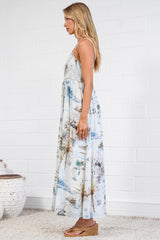 Yara Maxi Dress - Spaghetti Strap A Line Dress with Tinsel-look Piping Trim Bodice in Thira Print
