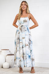 Yara Maxi Dress - Spaghetti Strap A Line Dress with Tinsel-look Piping Trim Bodice in Thira Print