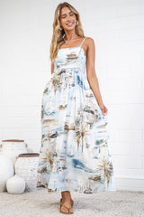 Yara Maxi Dress - Spaghetti Strap A Line Dress with Tinsel-look Piping Trim Bodice in Thira Print