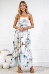 Yara Maxi Dress - Spaghetti Strap A Line Dress with Tinsel-look Piping Trim Bodice in Thira Print