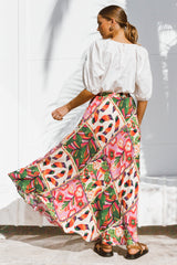 Yara Maxi Skirt - High Waisted Scoop Hemline Skirt with Pockets in Labelle Print