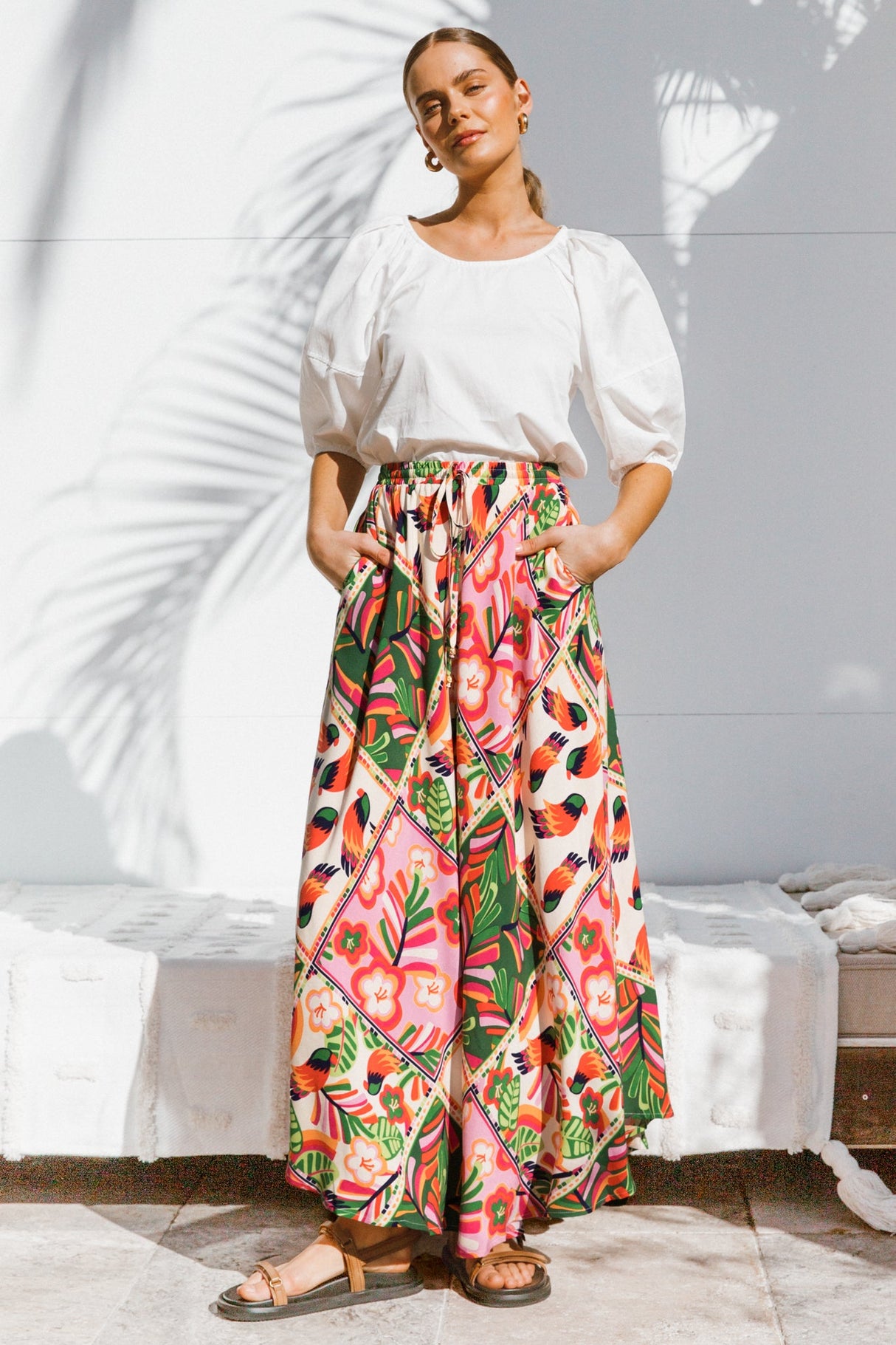 Yara Maxi Skirt - High Waisted Scoop Hemline Skirt with Pockets in Labelle Print