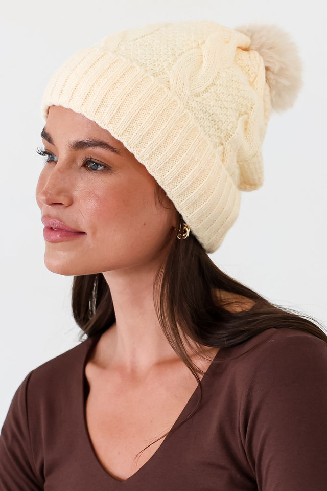Model wearing Yasmine Beanie in Beige from Salty Crush