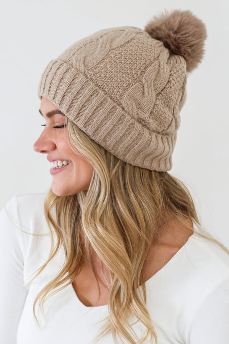 Model wearing Yasmine Beanie in Tan from Salty Crush