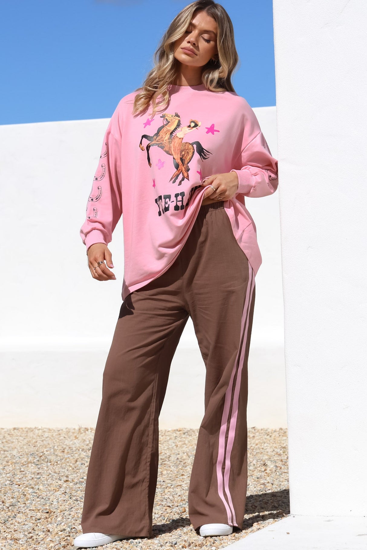 Yee-Haw Set - Graphic Long Sleeve Top and Pants with Stripe Accent in Pink