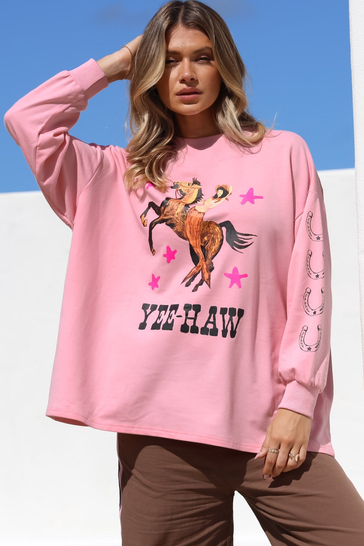 Yee-Haw Set - Graphic Long Sleeve Top and Pants with Stripe Accent in Pink