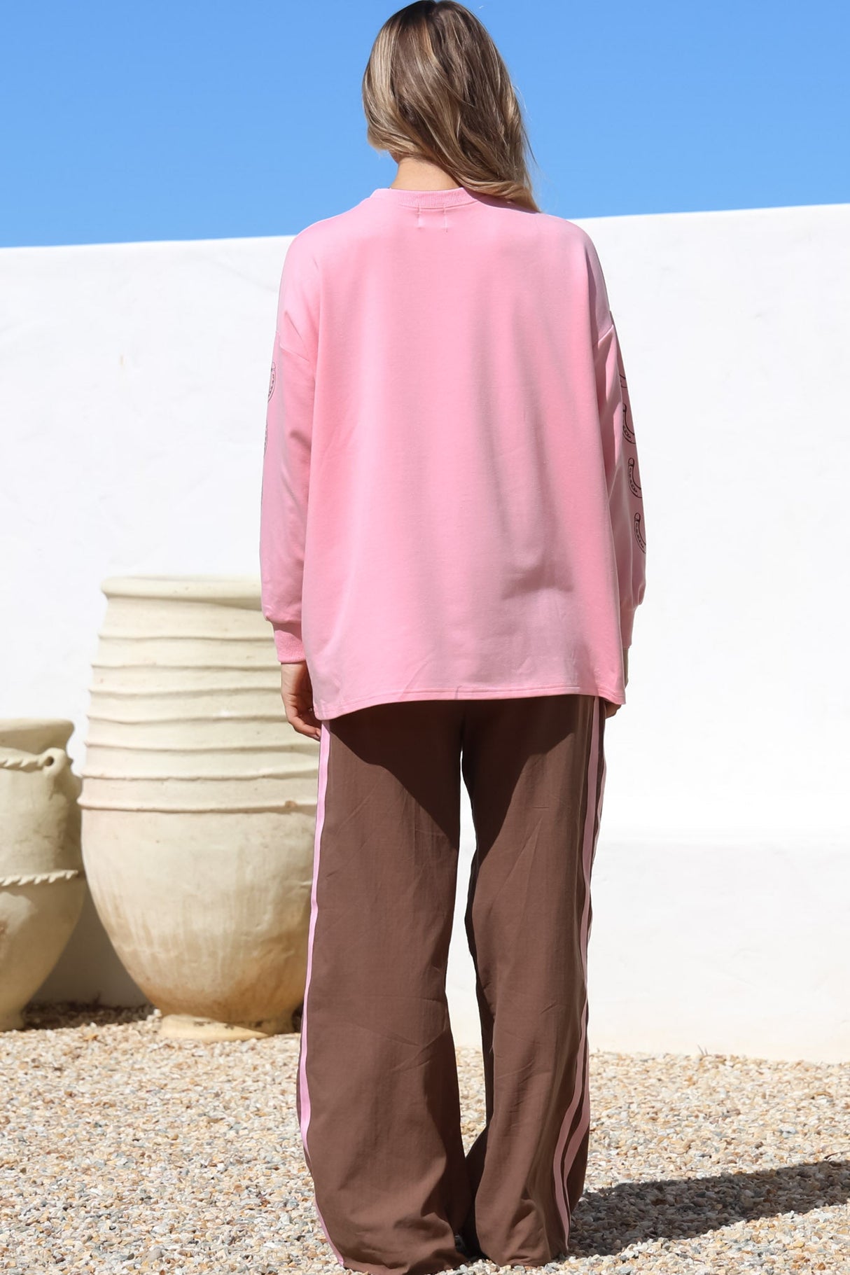 Yee-Haw Set - Graphic Long Sleeve Top and Pants with Stripe Accent in Pink