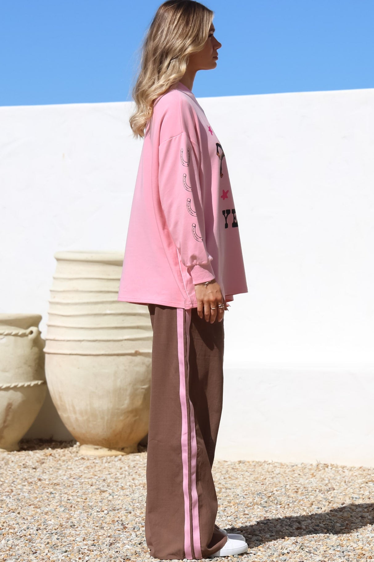 Yee-Haw Set - Graphic Long Sleeve Top and Pants with Stripe Accent in Pink