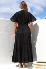 Yelena Maxi Dress - Embroidered Floral Tiered A-Line Dress in Black