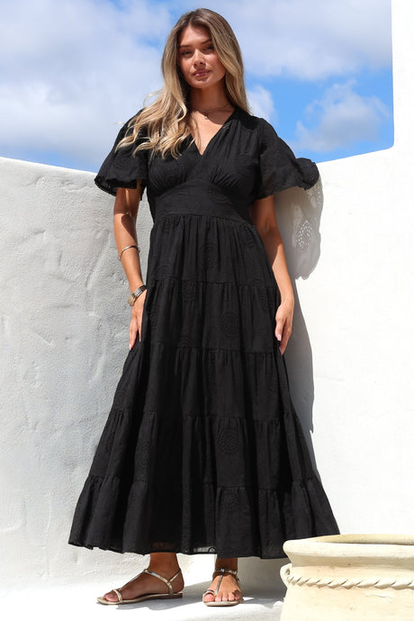 Yelena Maxi Dress - Embroidered Floral Tiered A-Line Dress in Black