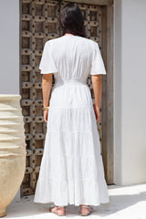 Yelena Maxi Dress - Embroidered Floral Tiered A-Line Dress in White