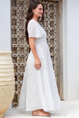 Yelena Maxi Dress - Embroidered Floral Tiered A-Line Dress in White