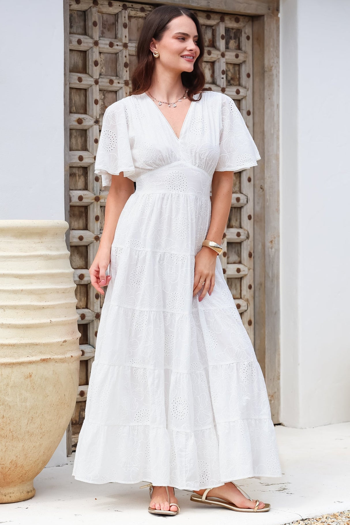 Yelena Maxi Dress - Embroidered Floral Tiered A-Line Dress in White
