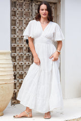 Yelena Maxi Dress - Embroidered Floral Tiered A-Line Dress in White