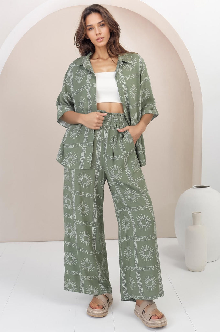 Rayane Collared Shirt and Pants Set - Astra Print in Green