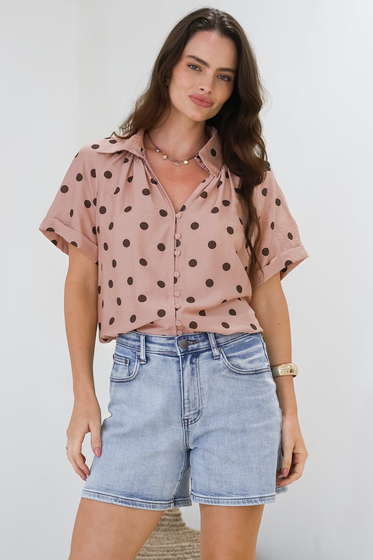 Yohanna Blouse - Collared Button Down in Pacey Spot Pink
