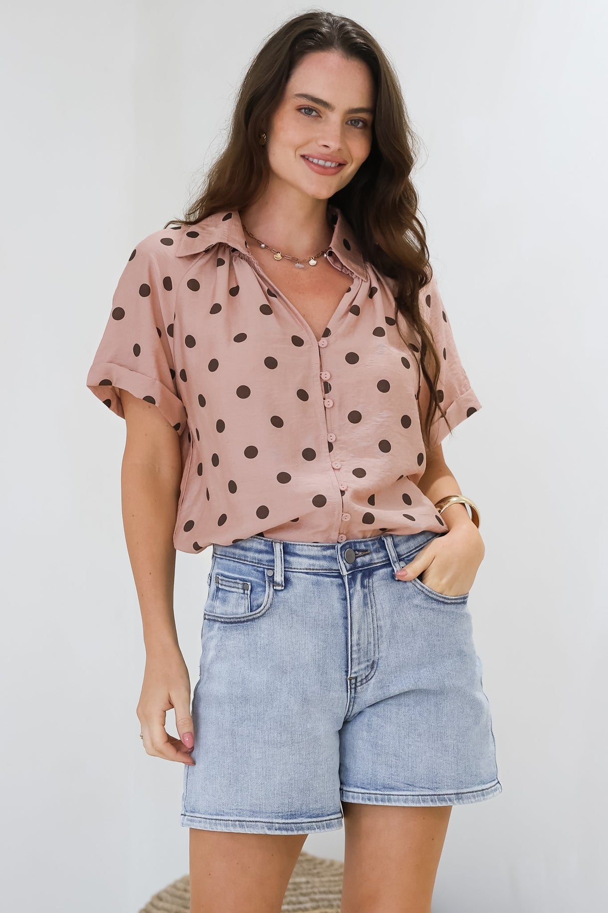 Yohanna Blouse - Collared Button Down in Pacey Spot Pink